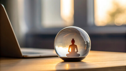 A glass sphere shows the silhouette of a person meditating on a wooden table. A laptop sits nearby, and sunlight filters through the room during sunset