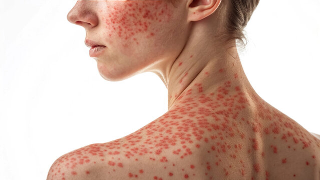 A person demonstrates the visible rash often caused by a measles virus infection. The skin shows red spots on the back, indicating the contagious nature of the illness
