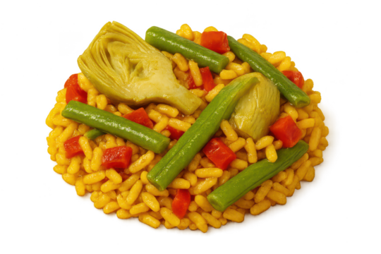 Appetizing yellow rice with artichoke hearts, green beans, and pepper, transparent background - Powered by Adobe