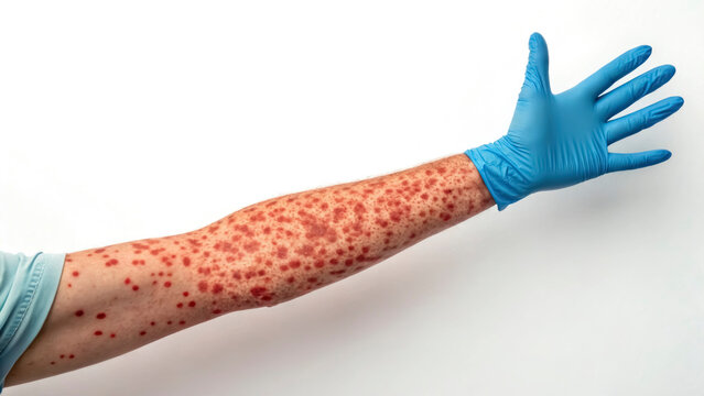 A person shows an arm covered in a red rash caused by measles. A gloved hand gestures while highlighting the visible signs of the infection during a healthcare evaluation