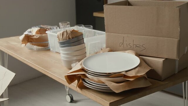 No people shot of plates and bowls wrapped in brown packing paper, two cardboard boxes, storage container filled with glasses on wooden kitchen table