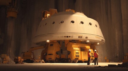 Large Dome Structure on Construction Vehicle with Workers in Tunnel