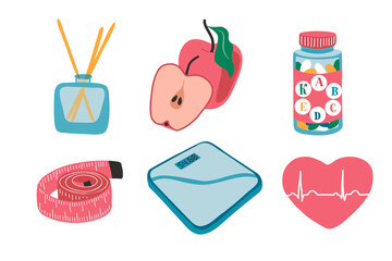 Flat set for holistic health: incense (mind), apple, vitamins (body), tape, scales (progress), heart ECG (vitality). Vector icons for balance of body and spirit.