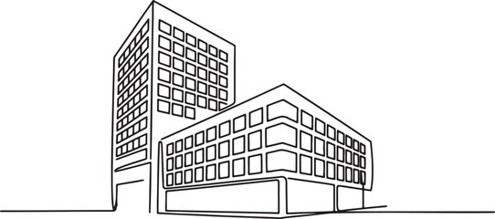 Continuous line drawing modern city office building highrise architecture commercial property vector illustration