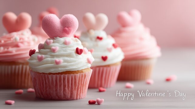 Valentine's Day cupcakes with heart decorations on a pink background - Powered by Adobe