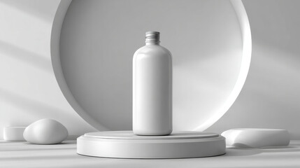 Elegant white cosmetic bottle mockup on a minimalist circular podium with subtle shadows, perfect for skincare product presentations and branding displays
