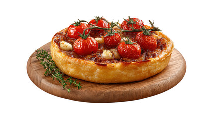 Savory tarte tatin with cherry tomatoes and onion. wooden board isolated on a white background