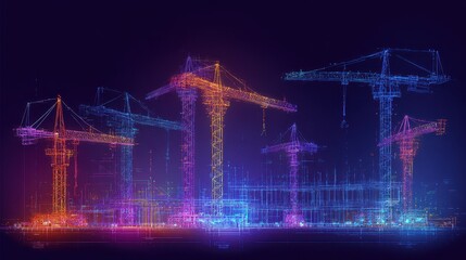 Wireframe Tower Cranes at Night