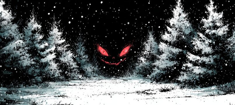 Red eyes monster at dark night winter forest. Copy space for text and advert. Generative AI technology.	
