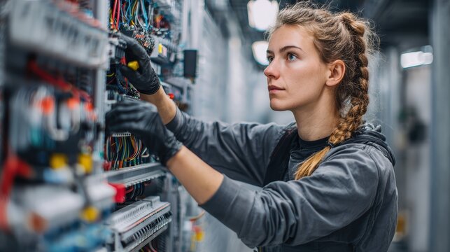 Female electrician working on electrical panel in industrial setting