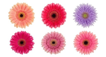 Six colorful gerbera daisies isolated on white background