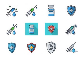 Medical vaccine and protection icons featuring syringes shields and vials