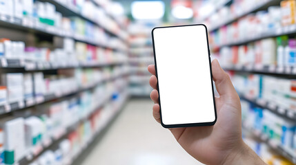 Using a smartphone with a blank screen in a store aisle to compare prices and check product information, ensuring informed shopping decisions for health and personal care products.