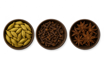 Cardamom, cloves, star anise in bowls, great for transparent background.