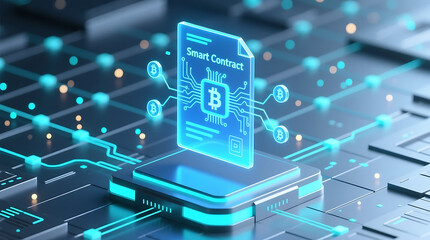 Futuristic Smart Contract Interface with Bitcoin Symbol on Digital Blockchain Network