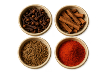Assorted spices in bowls with a clean, editable transparent background.