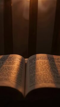 Vertical video: Streaming sunlight through slats sliding across open book on tabletop, showing text