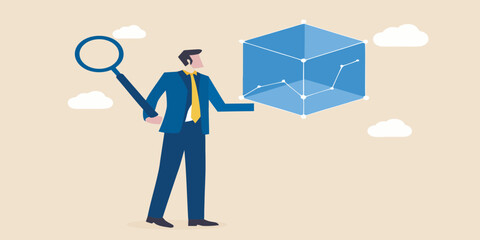 Business analysis with a magnifying glass inspecting a data cube illustration