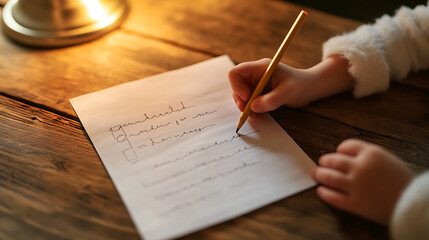 A child writes a letter by a desk lamp, hand gripping a yellow pencil. Paper rests on a rustic wooden desk, capturing a moment of focused concentration & the simplicity of handwritten communication.