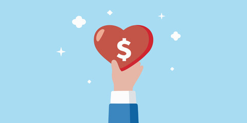 A hand holding a red heart with a dollar sign inside it