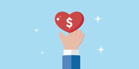 A hand offering a red heart with a dollar sign inside