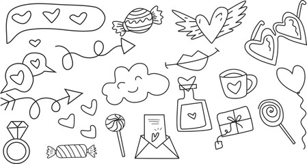 Hand Drawn Valentine’s Day Doodle Set – Cute Love & Romance Line Art Icons - Aesthetic Wedding & Anniversary Sketch Bundle – Hearts, Rings, and Candy Vector