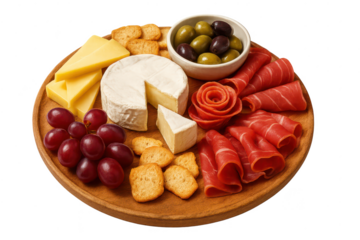 Gourmet charcuterie platter with cheeses, meats, and fruits on transparent background