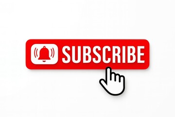 Red subscribe button with notification bell icon and cursor hand clicking to engage viewers online