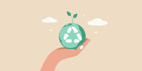 A hand holding a green egg with a recycling symbol and sprouting leaves