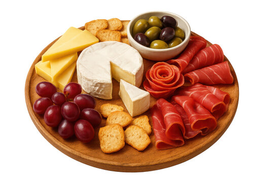 Gourmet charcuterie platter with cheeses, meats, and fruits on transparent background - Powered by Adobe