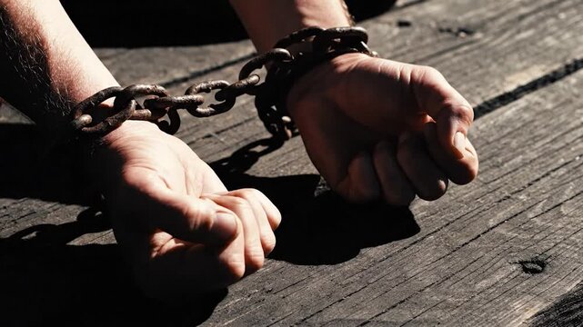 Hands bound by rusty metal chain on weathered wood plank