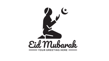 a beautiful eid mubarak graphic featuring a praying person crescent moon and elegant text on transparent background silhouette high quality professional detailed modern stylish clean crisp