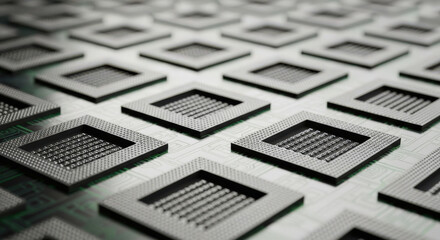 Detailed Close Up of a Grid of Microprocessors on a Circuit Board Showcasing Advanced Technology and Precision Engineering in a Modern Computing Environment