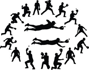 Baseball player silhouettes performing catching and fielding actions, athlete poses, sports motion figures, dynamic baseball movements, training positions, and competitive game illustration elements