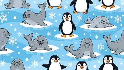 Seamless kids pattern with cartoon seals and penguins on ice floes