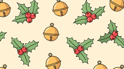 Seamless holiday pattern with holly berries and classic jingle bells for wrapping paper