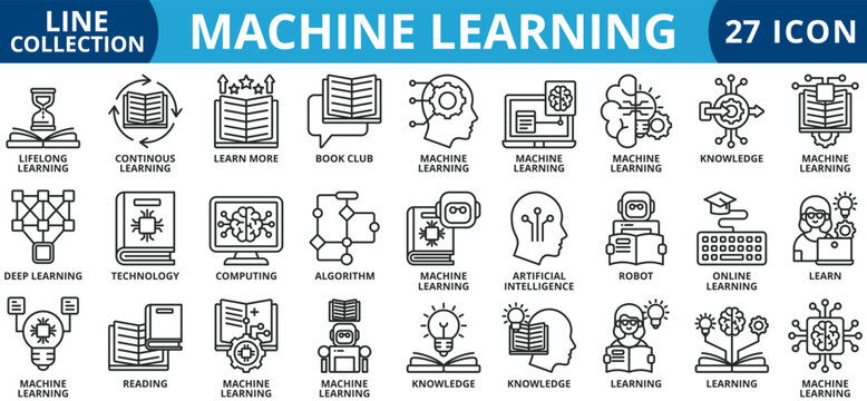 Machine learning icon set outline style icon set collection vector illustration