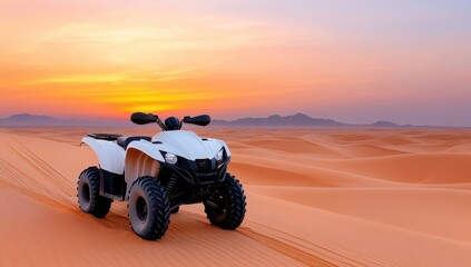 White ATV quad bike in the desert at sunset, enjoying an off-road adventure