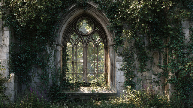 An overgrown gothic window providing a glimpse into nature. Vines cascade down the ancient stonework