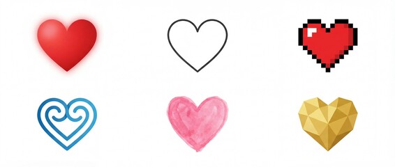 Heart Icon Set for Love, Romance and Affection Themes. Featuring Outline, Pixel, Geometric, Hand Drawn and Artistic Heart Symbols. Panoramic