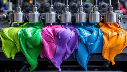 Vibrant, colorful inks flow from industrial machinery, ready for printing