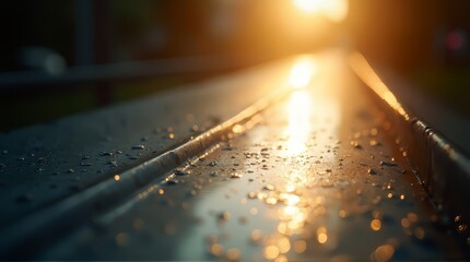 Metal Surface with Water Drops and Bright Sun Glare
