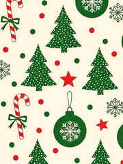 Festive Christmas Pattern with Trees, Ornaments, and Candy Canes.