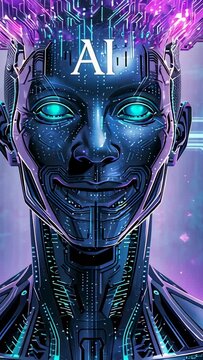 Vertical video: Powering android head in cyber void, AI logo glowing, eyes glowing, camera closing