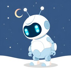 Fototapeta premium Cute cartoon robot standing on a snowy landscape under a starry night sky with a crescent moon