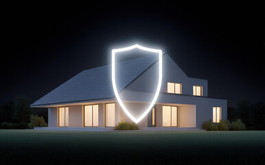 Conceptual image of home security system failure. broken glowing shield symbolizes risk and lack of protection, showing damage vulnerability for house at night needing insurance