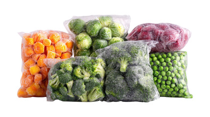 Set with frozen vegetables in plastic bags isolated on a white background