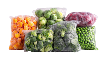 Set with frozen vegetables in plastic bags isolated on a white background