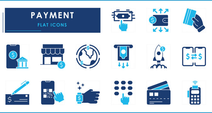 A set of flat icons related to Payment. Pay, wallet, digital, online, cardless, worldwide, buy, cheque, transfer, withdrawal, shopping, and so on.