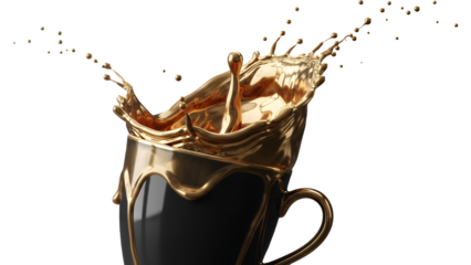 Golden Splash From A Black Mug Isolated on Transparent Background, Luxury Beverage Concept